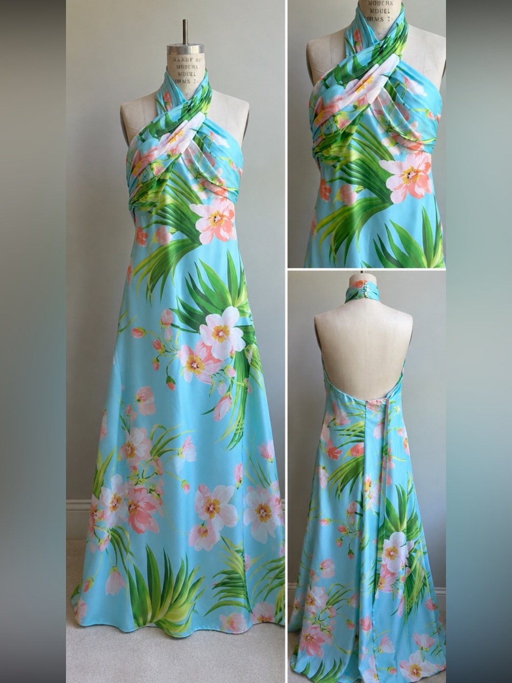 Carolina Herrera Aqua Halter Tropical Maxi Dress
Floral wedding guest
